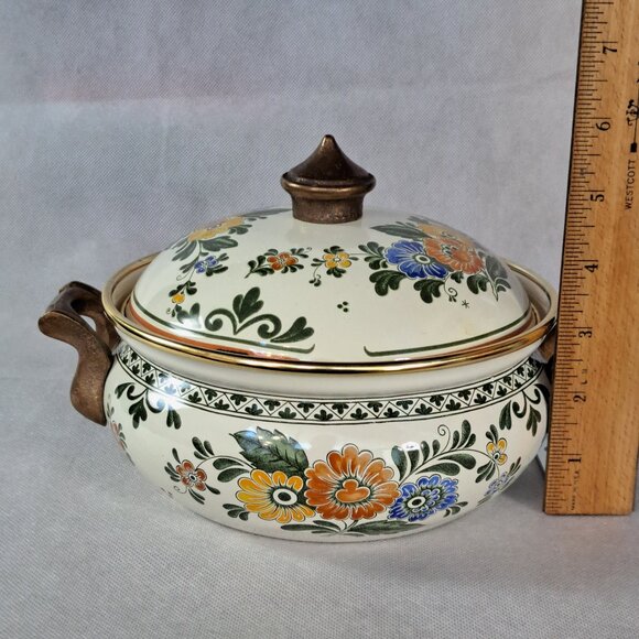 Vintage Asta Enamelware Floral Cookware With Brass Handles Germany with Lid . - Picture 10 of 11
